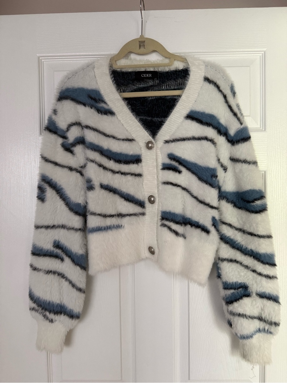 Cider White Fuzzy Cardigan with Blue & Black Abstract Stripes